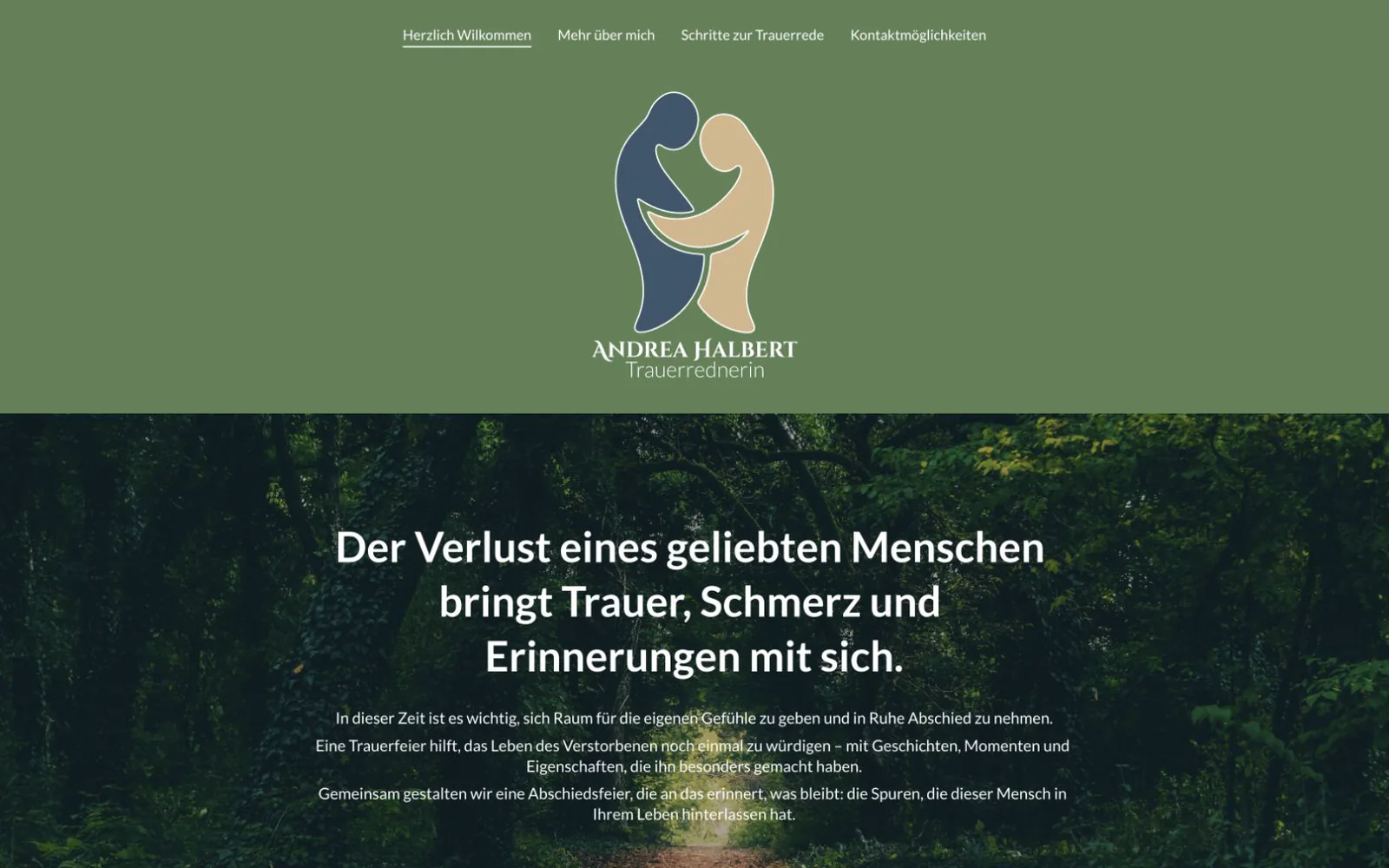 Startseite von Andrea Halbert mit Logo und Waldmotiv für die Trauerrednerin.