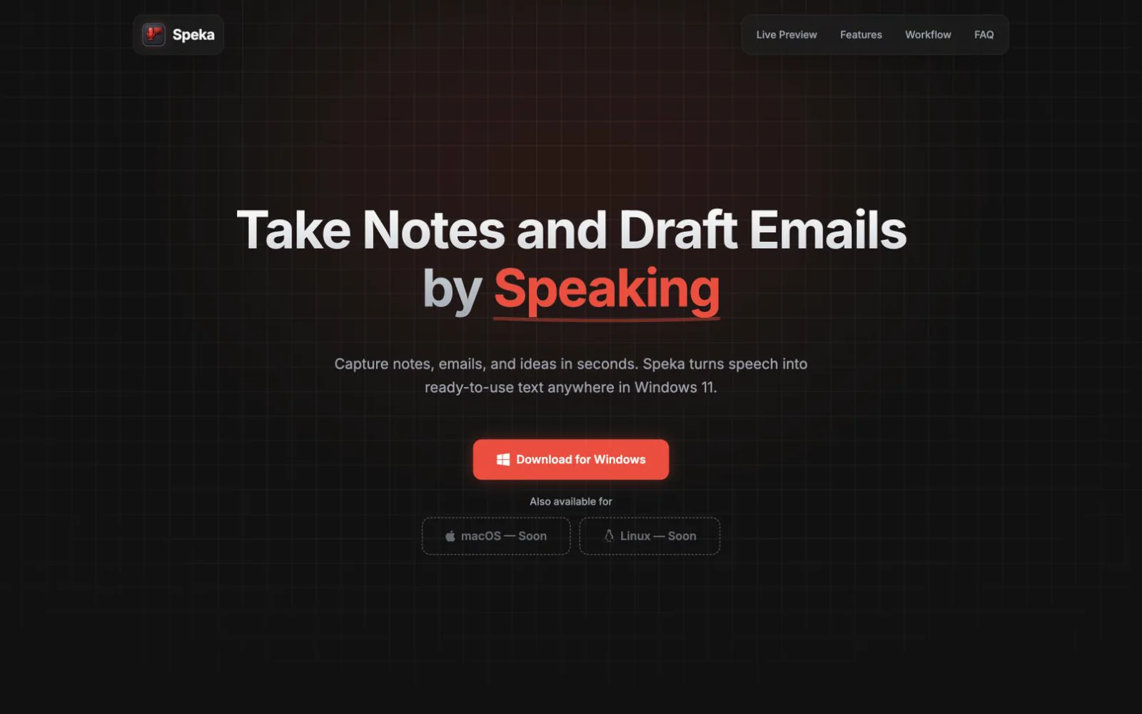 Speka-Startseite mit der Überschrift „Take Notes and Draft Emails by Speaking“.